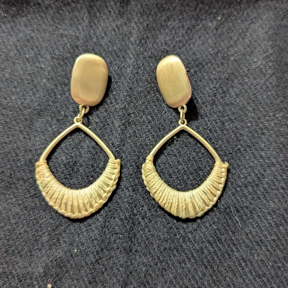 Gold Tone Cream Thread Wrapped Dangle Hoop Statement Earrings